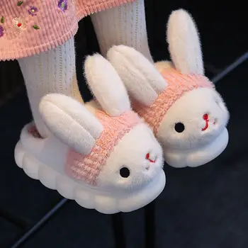 Детски домашни памучни чехли със заек, нескользящие домашни топли зимни пухкави пантофи, Розови обувки на принцеси за момичета, обувки за бебета и майки