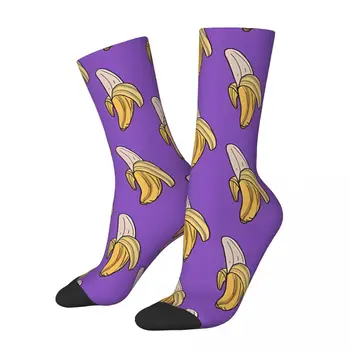 Лилави бананови забавни мъжки чорапи в стил ретро с плодове, Harajuku, подарък чорап Crazy Crew с чертеж