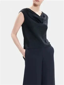 Дамска блуза от сатен с V-образно деколте OL, летни обикновена блузи без ръкави