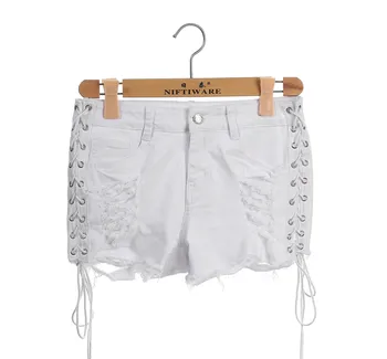 Секси дънкови шорти дантела отстрани, женски бели къси дънки с отворен джоб, лятото на 2017 г., когато е на улицата дрехи, мини-шорти за партита,