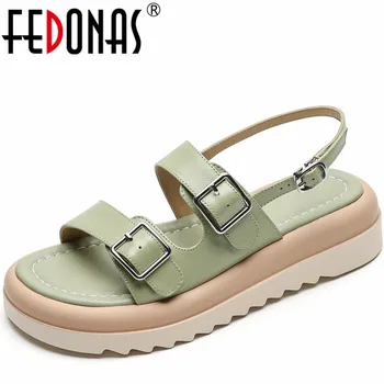 FEDONAS, Дамски сандали на платформа за почивка, Модни дамски обувки от естествена кожа с метална катарама, Удобни ежедневни летни обувки на плоска подметка