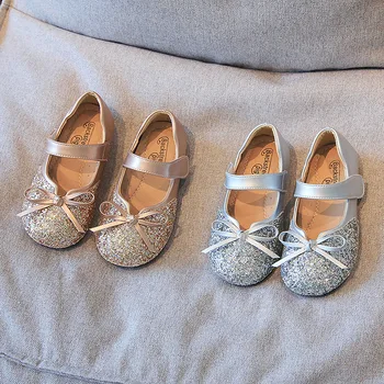 Кожени обувки за момичета Mary Jane Модни пайети, папийонка, Фини обувки за момичета, Планински кристал, Детски пролетни обувки на Принцесата за танци за момичета